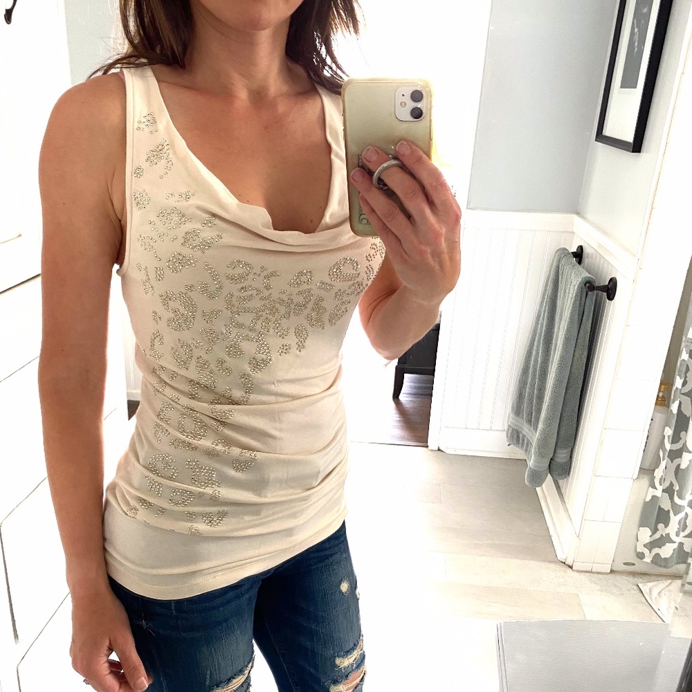 Guess tan or light beige leopard tank top with gold rhinestones